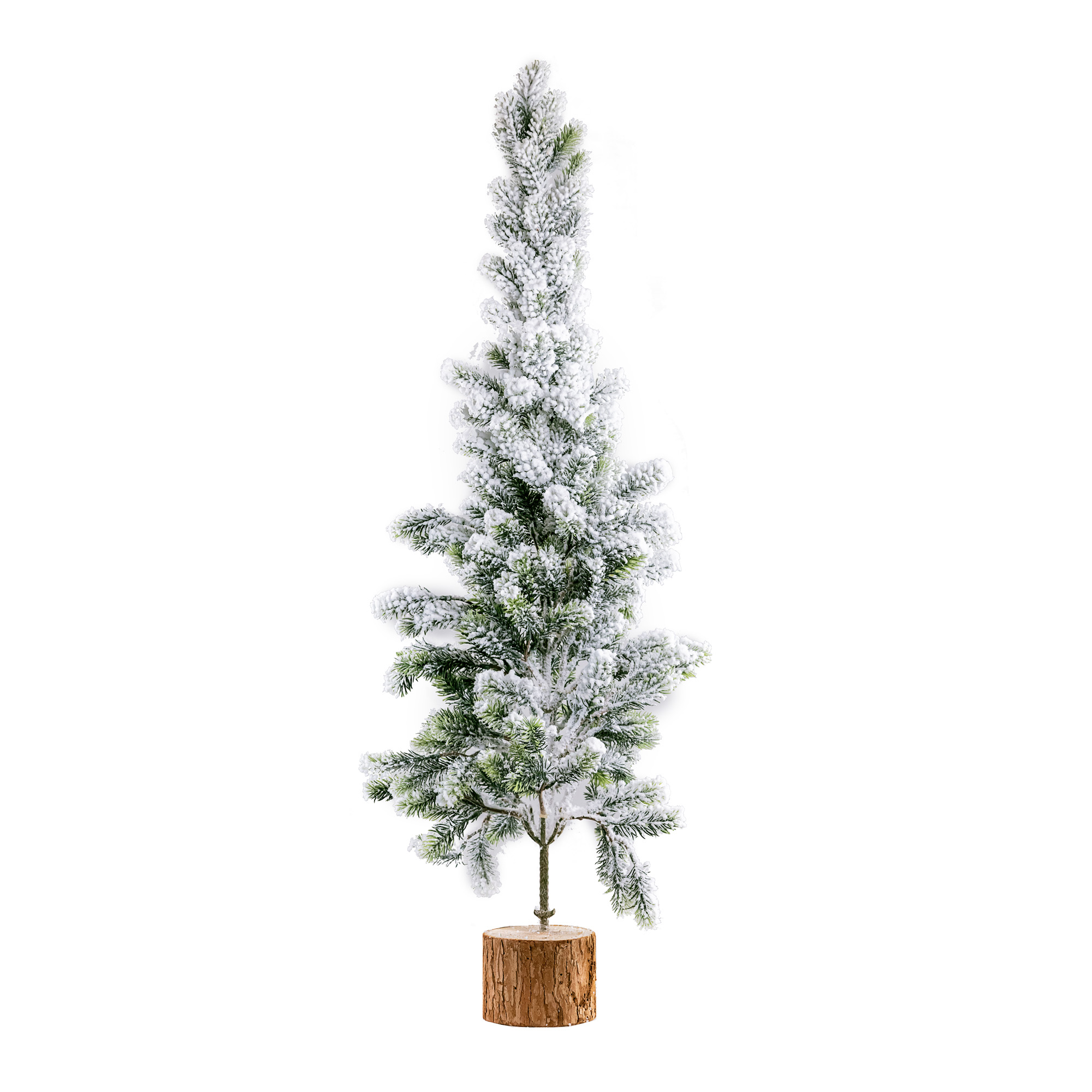 Christmas tree with wooden base, snow finish